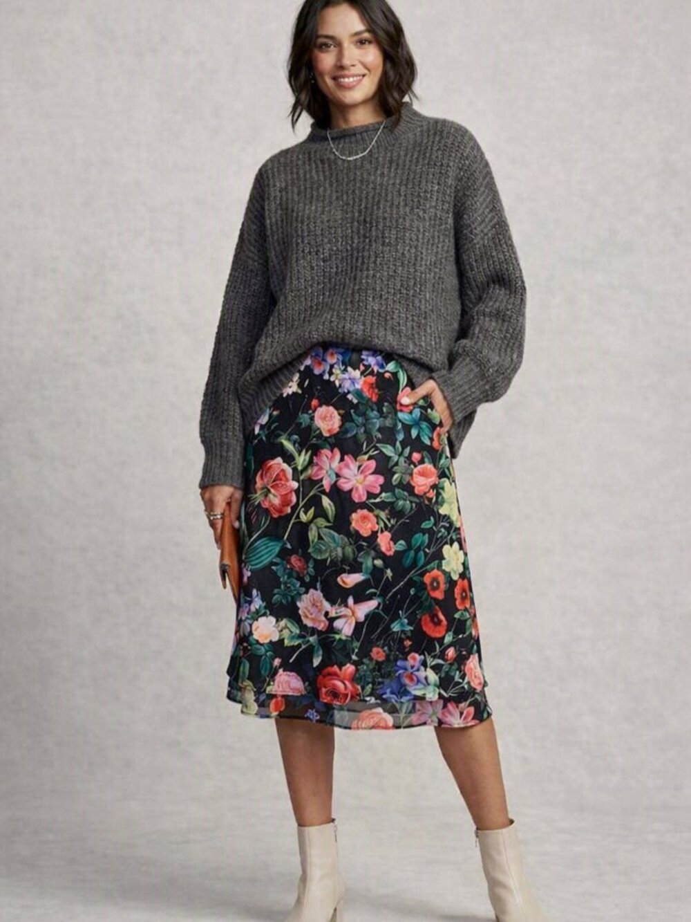 Soho Apparel Floral High-Low Skirt Black Multicolor Vibrant Garden Print XL